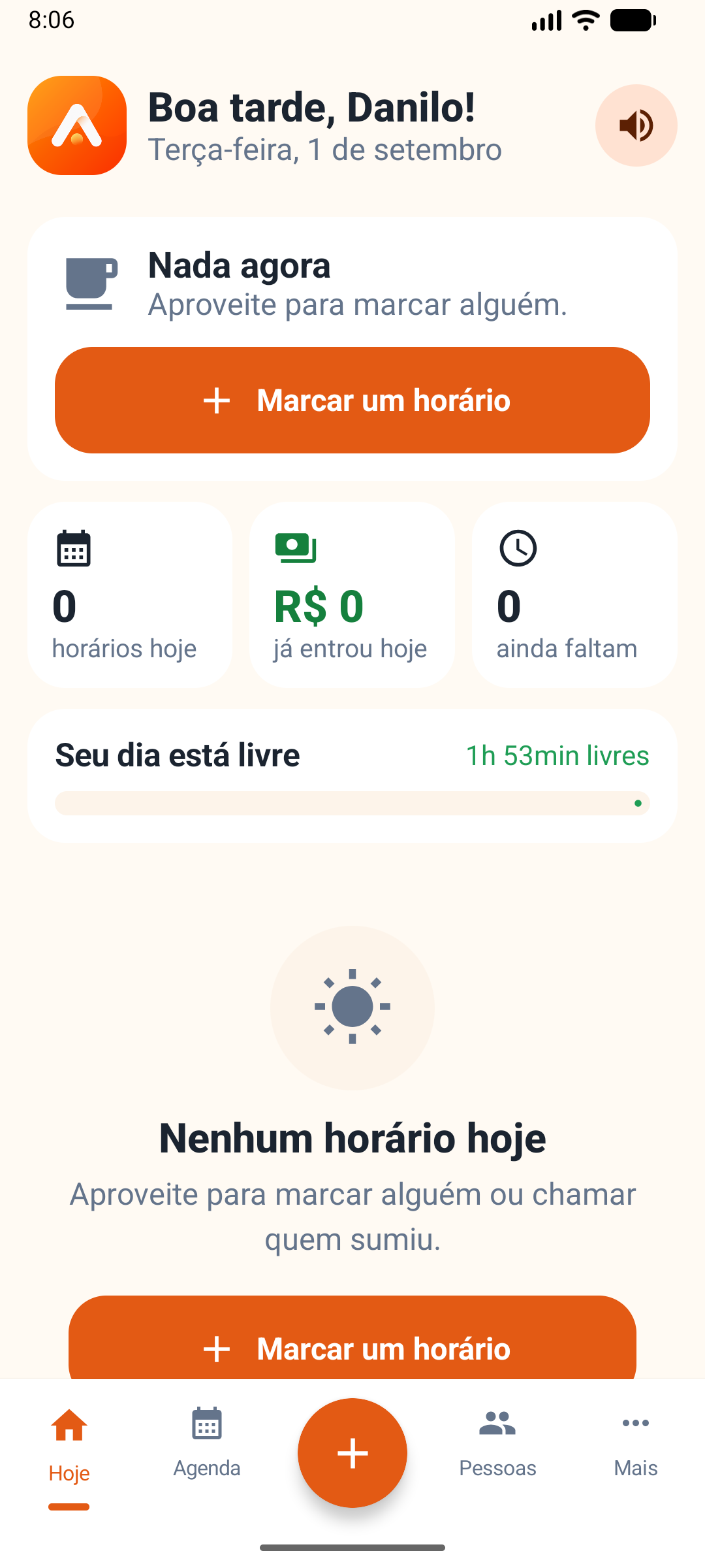 A tela de hoje: quantos horários, quanto já entrou e quanto ainda falta