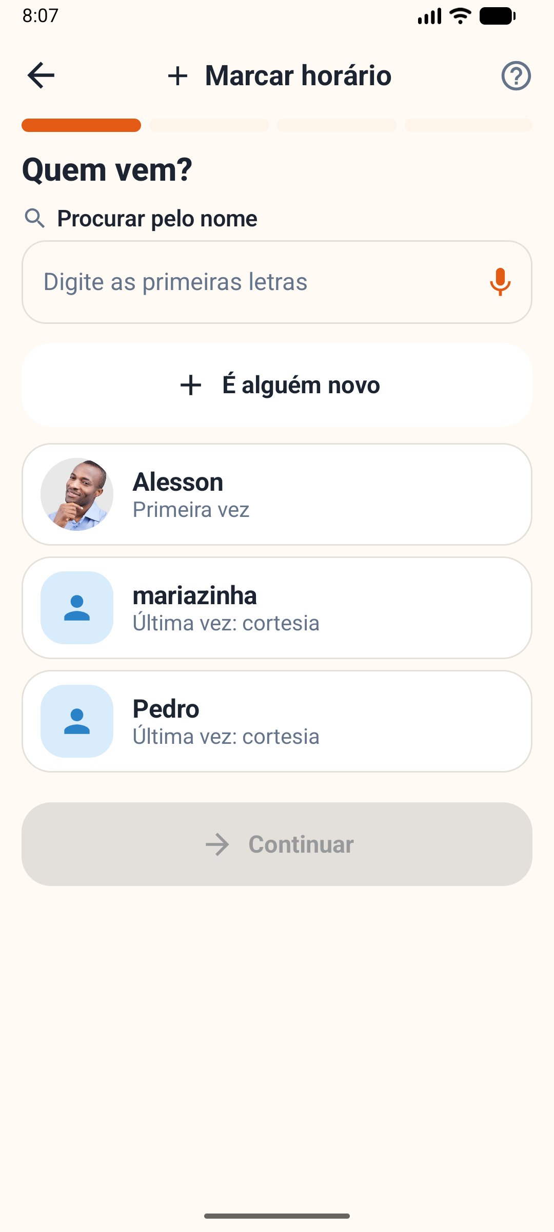 A tela de marcar horário, uma pergunta por vez