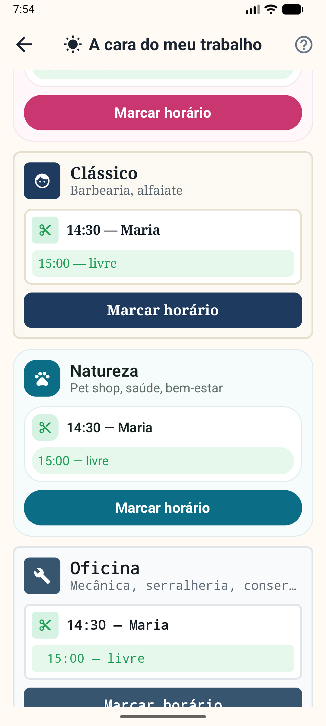 Os visuais do app, um para cada ramo de trabalho